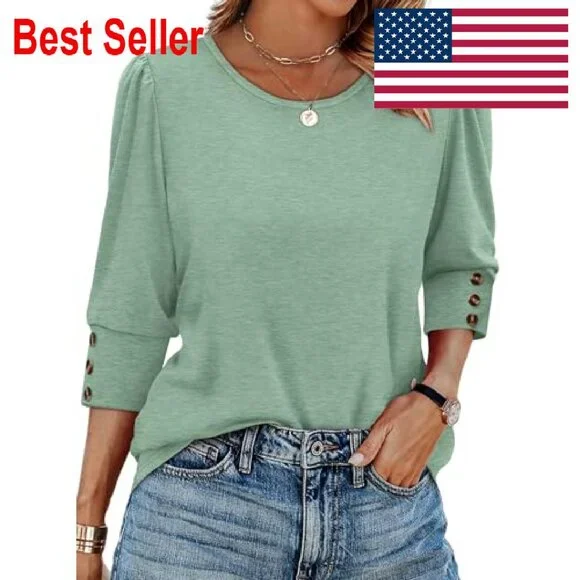 3/4 Sleeve Button Blouse Elegant Chic Casual Work Wear Flowy Fit - Picture 2 of 8